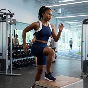 High-Support Navy Blue Sports Bra with Contrast Straps - Medium